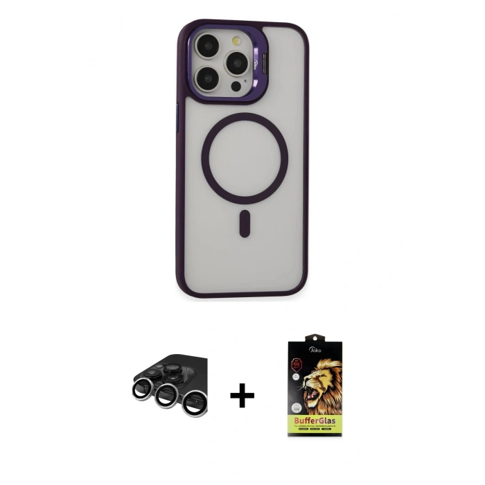 MARSİLYAN™- iPhone 15 Pro Max Kılıf Ahenk Klasik Özel Seri - Siyah Buffer Cam Ekran Koruyucu + Raze Metal Kamera Lens - GS