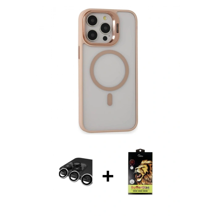 MARSİLYAN™- iPhone 15 Pro Max Kılıf Ahenk Klasik Özel Seri - Siyah Buffer Cam Ekran Koruyucu + Raze Metal Kamera Lens - GS