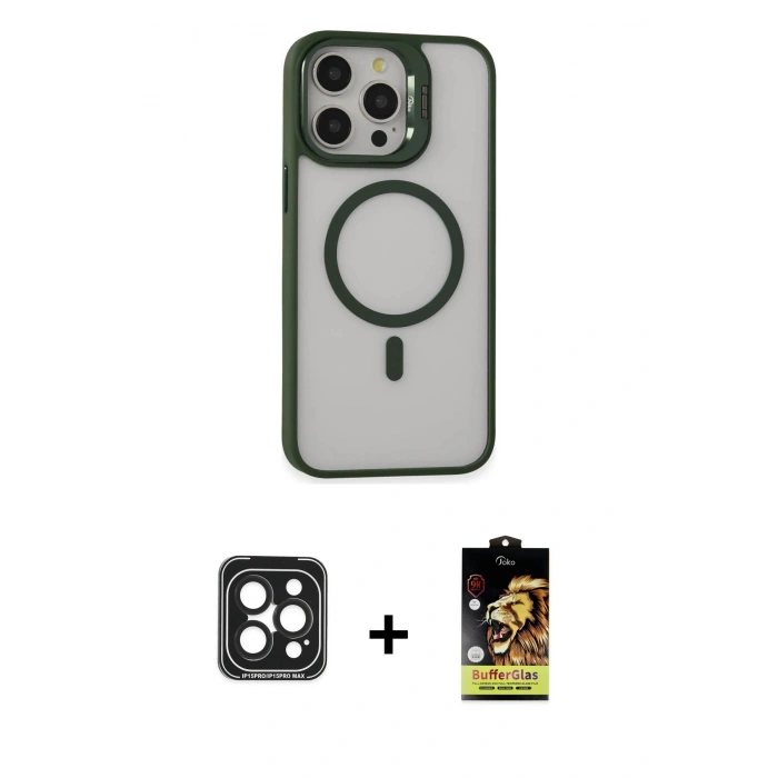 MARSİLYAN™- iPhone 15 Pro Max Kılıf Ahenk Klasik Özel Seri - Siyah Buffer Cam Ekran Koruyucu + Siyah PVD Metal Kamera Lens