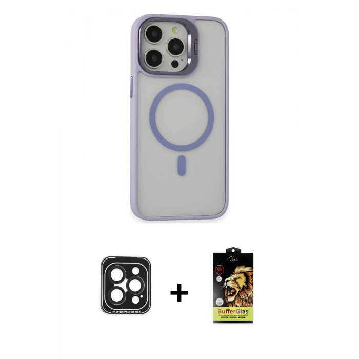 MARSİLYAN™- iPhone 15 Pro Max Kılıf Ahenk Klasik Özel Seri - Siyah Buffer Cam Ekran Koruyucu + Siyah PVD Metal Kamera Lens