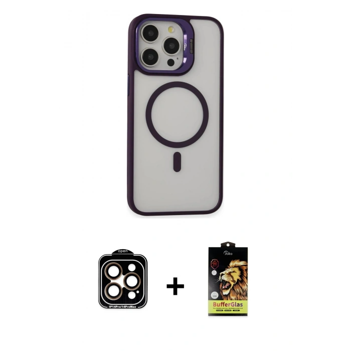 MARSİLYAN™- iPhone 15 Pro Max Kılıf Ahenk Klasik Özel Seri - Siyah Buffer Cam Ekran Koruyucu + PVD Metal Kamera Lens - TU