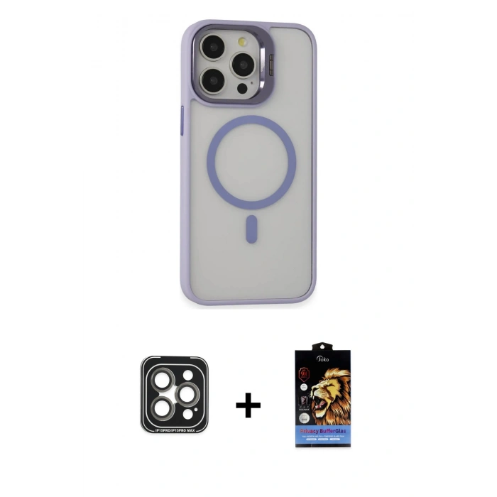 MARSİLYAN™- iPhone 15 Pro Max Kılıf Ahenk Klasik Özel Seri - Siyah Buffer Hayalet Cam Ekran Koruyucu + PVD Metal Kamera Lens - GI