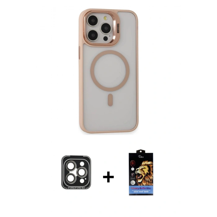MARSİLYAN™- iPhone 15 Pro Max Kılıf Ahenk Klasik Özel Seri - Siyah Buffer Hayalet Cam Ekran Koruyucu + PVD Metal Kamera Lens - GI