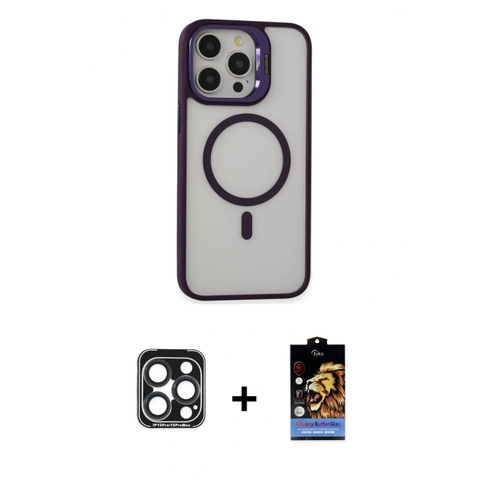 MARSİLYAN™- iPhone 15 Pro Max Kılıf Ahenk Klasik Özel Seri - Siyah Buffer Hayalet Cam Ekran Koruyucu + PVD Metal Kamera Lens - LT