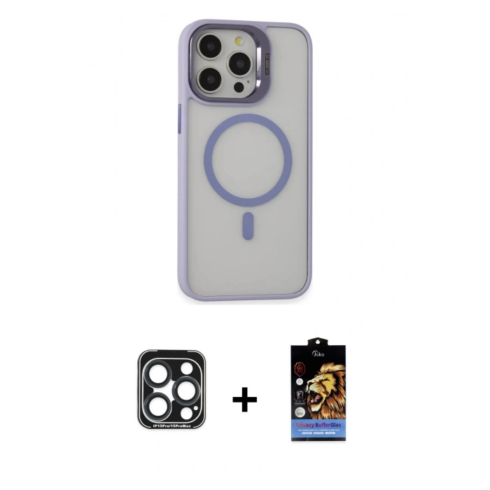 MARSİLYAN™- iPhone 15 Pro Max Kılıf Ahenk Klasik Özel Seri - Siyah Buffer Hayalet Cam Ekran Koruyucu + PVD Metal Kamera Lens - LT
