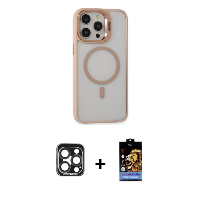 MARSİLYAN™- iPhone 15 Pro Max Kılıf Ahenk Klasik Özel Seri - Siyah Buffer Hayalet Cam Ekran Koruyucu + PVD Metal Kamera Lens - LT