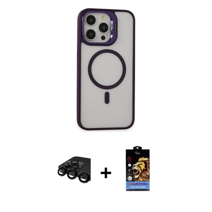 MARSİLYAN™- iPhone 15 Pro Max Kılıf Ahenk Klasik Özel Seri - Siyah Buffer Hayalet Cam Ekran Koruyucu + Raze Metal Kamera Lens - SH