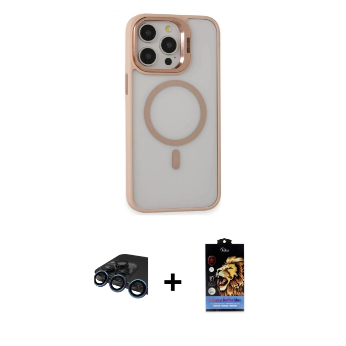 MARSİLYAN™- iPhone 15 Pro Max Kılıf Ahenk Klasik Özel Seri - Siyah Buffer Hayalet Cam Ekran Koruyucu + Raze Metal Kamera Lens - LT
