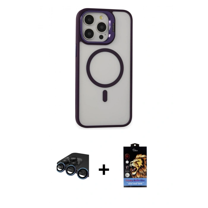 MARSİLYAN™- iPhone 15 Pro Max Kılıf Ahenk Klasik Özel Seri - Siyah Buffer Hayalet Cam Ekran Koruyucu + Raze Metal Kamera Lens - LT