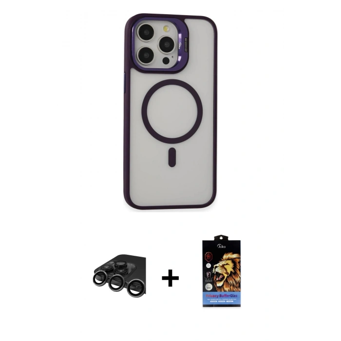 MARSİLYAN™- iPhone 15 Pro Max Kılıf Ahenk Klasik Özel Seri - Siyah Buffer Hayalet Cam Ekran Koruyucu + Raze Metal Kamera Lens - TMGI