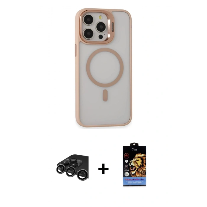 MARSİLYAN™- iPhone 15 Pro Max Kılıf Ahenk Klasik Özel Seri - Siyah Buffer Hayalet Cam Ekran Koruyucu + Raze Metal Kamera Lens - TMGI