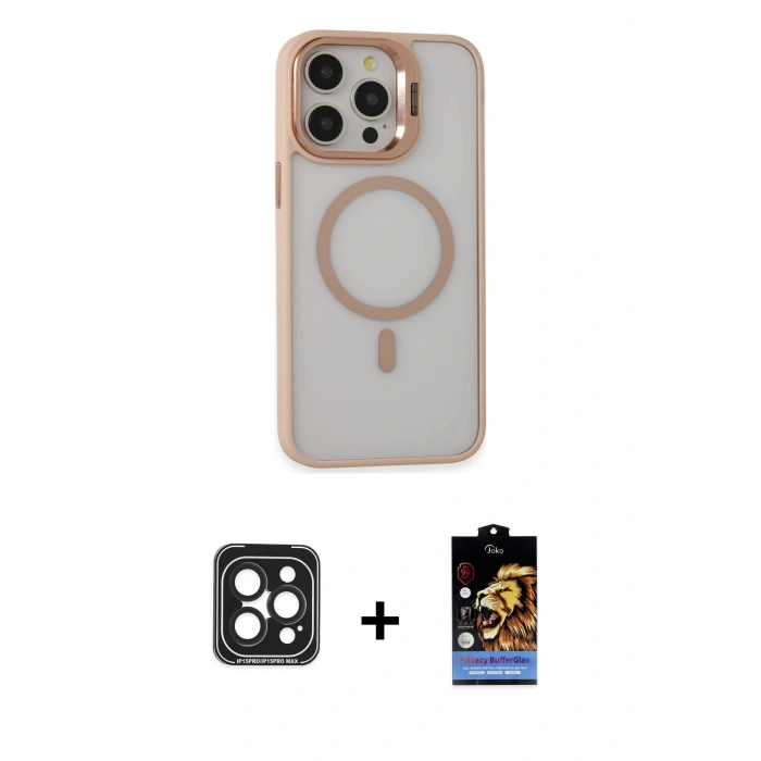 MARSİLYAN™- iPhone 15 Pro Max Kılıf Ahenk Klasik Özel Seri - Siyah Buffer Hayalet Cam Ekran Koruyucu + PVD Metal Kamera Lens - SH