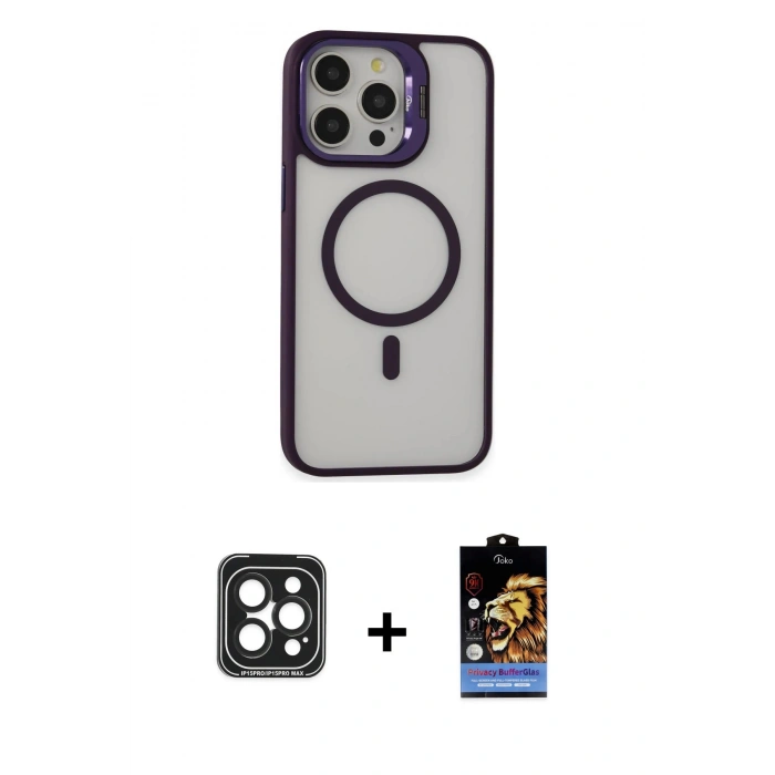 MARSİLYAN™- iPhone 15 Pro Max Kılıf Ahenk Klasik Özel Seri - Siyah Buffer Hayalet Cam Ekran Koruyucu + PVD Metal Kamera Lens - SH