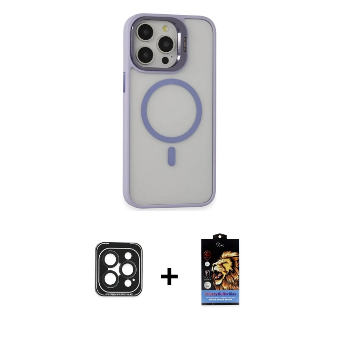MARSİLYAN™- iPhone 15 Pro Max Kılıf Ahenk Klasik Özel Seri - Siyah Buffer Hayalet Cam Ekran Koruyucu + PVD Metal Kamera Lens - SH