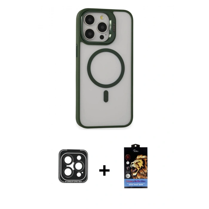 MARSİLYAN™- iPhone 15 Pro Max Kılıf Ahenk Klasik Özel Seri - Siyah Buffer Hayalet Cam Ekran Koruyucu + PVD Metal Kamera Lens - SH
