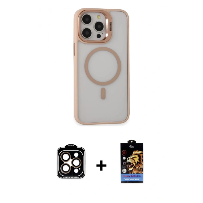 MARSİLYAN™- iPhone 15 Pro Max Kılıf Ahenk Klasik Özel Seri - Siyah Buffer Hayalet Cam Ekran Koruyucu + Turuncu PVD Metal Kamera Lens