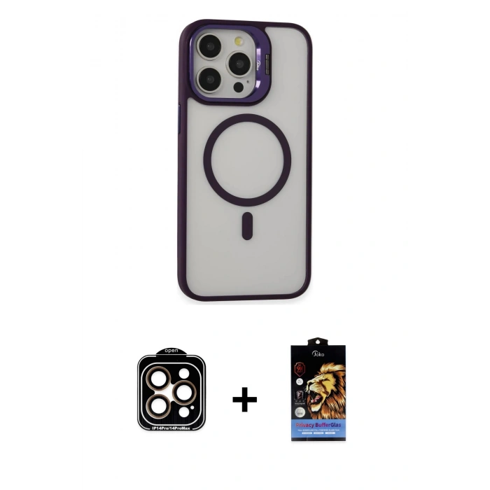 MARSİLYAN™- iPhone 15 Pro Max Kılıf Ahenk Klasik Özel Seri - Siyah Buffer Hayalet Cam Ekran Koruyucu + Turuncu PVD Metal Kamera Lens