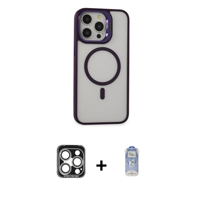 MARSİLYAN™- iPhone 15 Pro Max Kılıf Ahenk Klasik Özel Seri - Siyah Joko Magic 5D Cam + Gümüş PVD Metal Kamera Lens