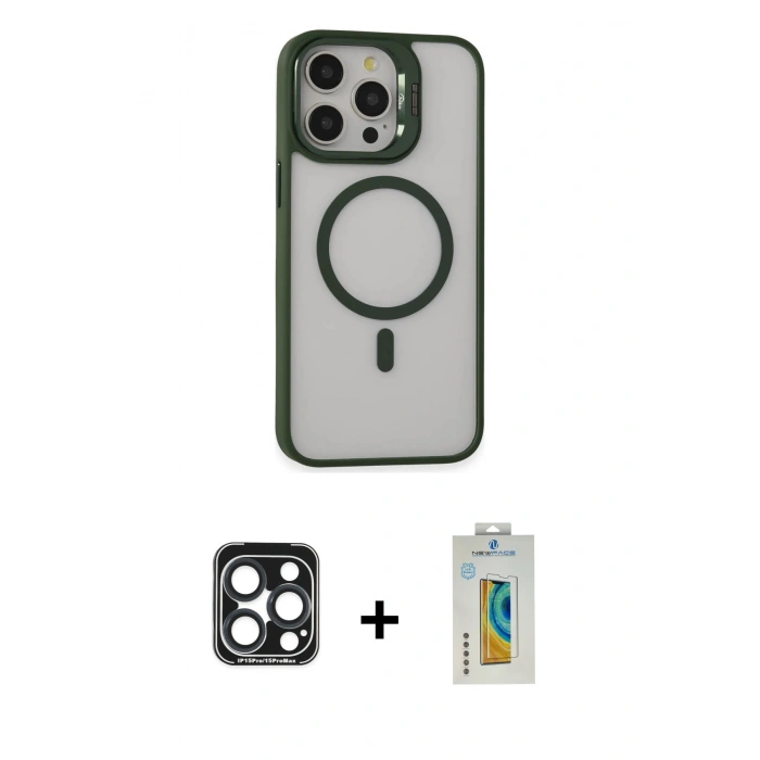 MARSİLYAN™- iPhone 15 Pro Max Kılıf Ahenk Klasik Özel Seri - Siyah Polymer Nano Ekran Koruyucu + PVD Metal Kamera Lens - LT