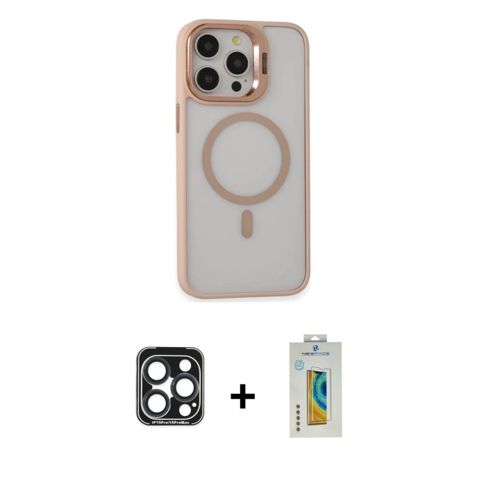 MARSİLYAN™- iPhone 15 Pro Max Kılıf Ahenk Klasik Özel Seri - Siyah Polymer Nano Ekran Koruyucu + PVD Metal Kamera Lens - LT