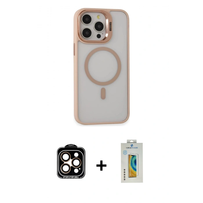 MARSİLYAN™- iPhone 15 Pro Max Kılıf Ahenk Klasik Özel Seri - Siyah Polymer Nano Ekran Koruyucu + Turuncu PVD Metal Kamera Lens