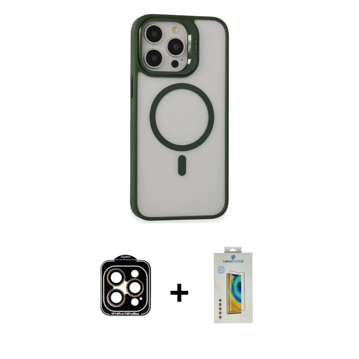 MARSİLYAN™- iPhone 15 Pro Max Kılıf Ahenk Klasik Özel Seri - Siyah Polymer Nano Ekran Koruyucu + Turuncu PVD Metal Kamera Lens