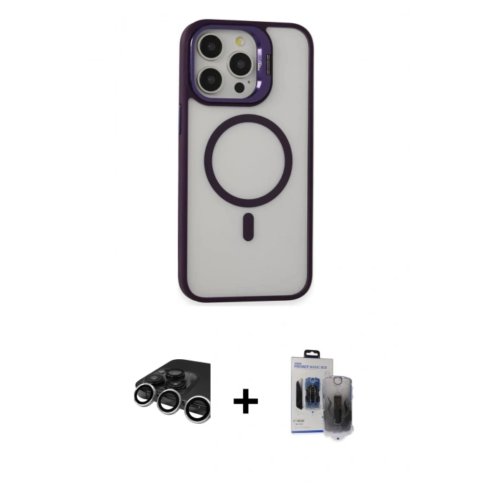 MARSİLYAN™- iPhone 15 Pro Max Kılıf Ahenk Klasik Özel Seri - Siyah Vanessa Magic Hayalet Cam + Gümüş Raze Metal Kamera Lens