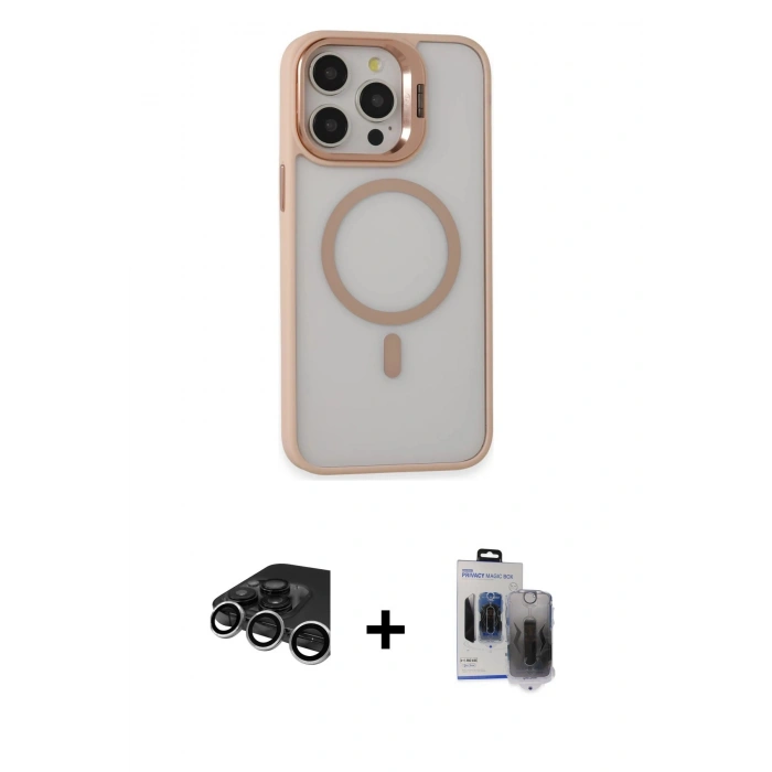 MARSİLYAN™- iPhone 15 Pro Max Kılıf Ahenk Klasik Özel Seri - Siyah Vanessa Magic Hayalet Cam + Gümüş Raze Metal Kamera Lens