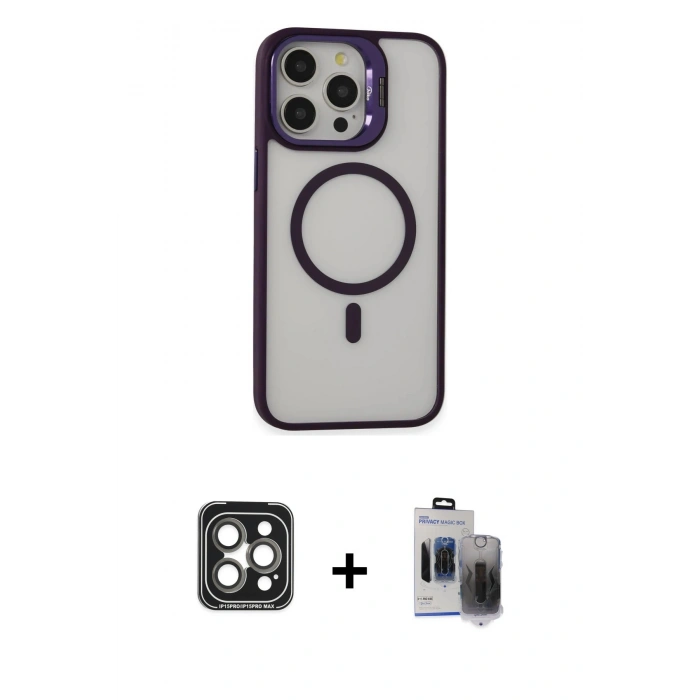 MARSİLYAN™- iPhone 15 Pro Max Kılıf Ahenk Klasik Özel Seri - Siyah Vanessa Magic Hayalet Cam + PVD Metal Kamera Lens - GI