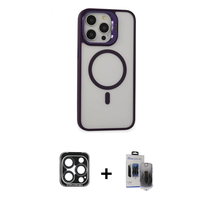 MARSİLYAN™- iPhone 15 Pro Max Kılıf Ahenk Klasik Özel Seri - Siyah Vanessa Magic Hayalet Cam + PVD Metal Kamera Lens - LT