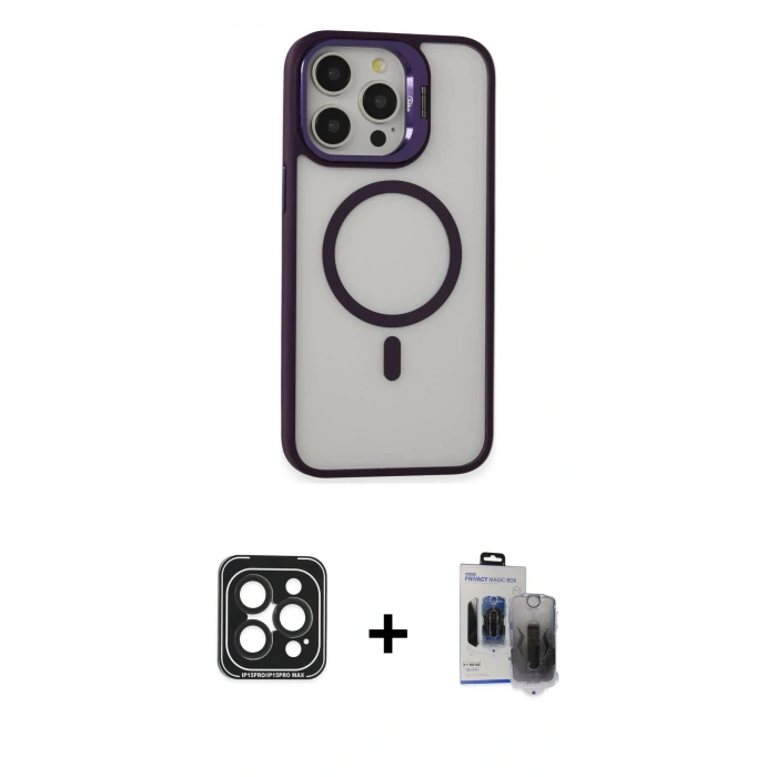 MARSİLYAN™- iPhone 15 Pro Max Kılıf Ahenk Klasik Özel Seri - Siyah Vanessa Magic Hayalet Cam + PVD Metal Kamera Lens - SH
