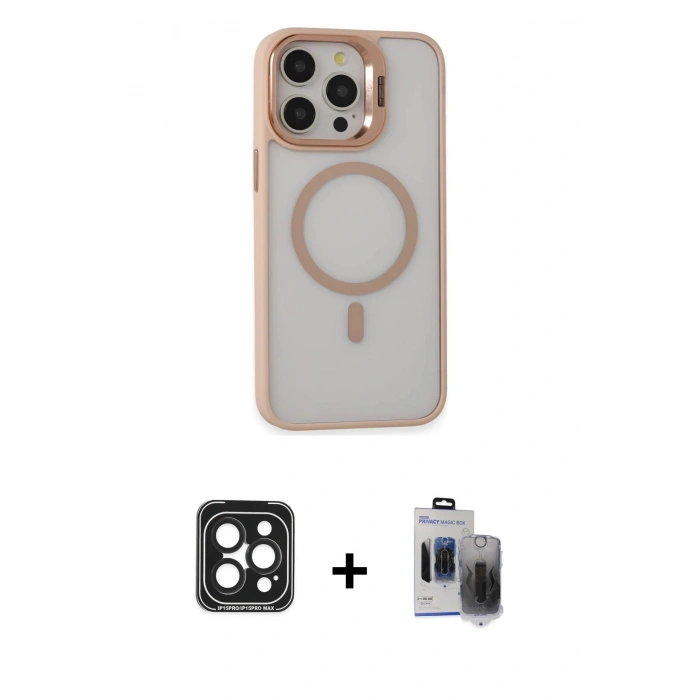 MARSİLYAN™- iPhone 15 Pro Max Kılıf Ahenk Klasik Özel Seri - Siyah Vanessa Magic Hayalet Cam + PVD Metal Kamera Lens - SH