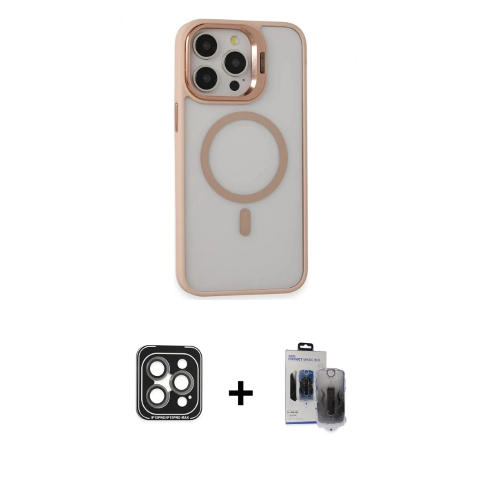 MARSİLYAN™- iPhone 15 Pro Max Kılıf Ahenk Klasik Özel Seri - Siyah Vanessa Magic Hayalet Cam + PVD Metal Kamera Lens - GI