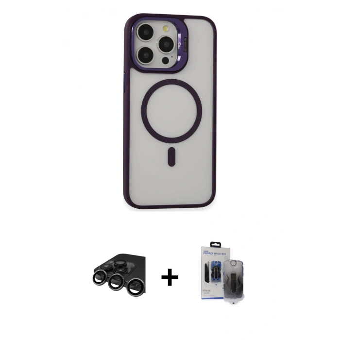 MARSİLYAN™- iPhone 15 Pro Max Kılıf Ahenk Klasik Özel Seri - Siyah Vanessa Magic Hayalet Cam + Raze Metal Kamera Lens - TMGI