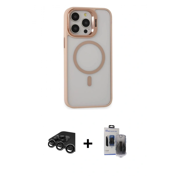 MARSİLYAN™- iPhone 15 Pro Max Kılıf Ahenk Klasik Özel Seri - Siyah Vanessa Magic Hayalet Cam + Raze Metal Kamera Lens - TMGI