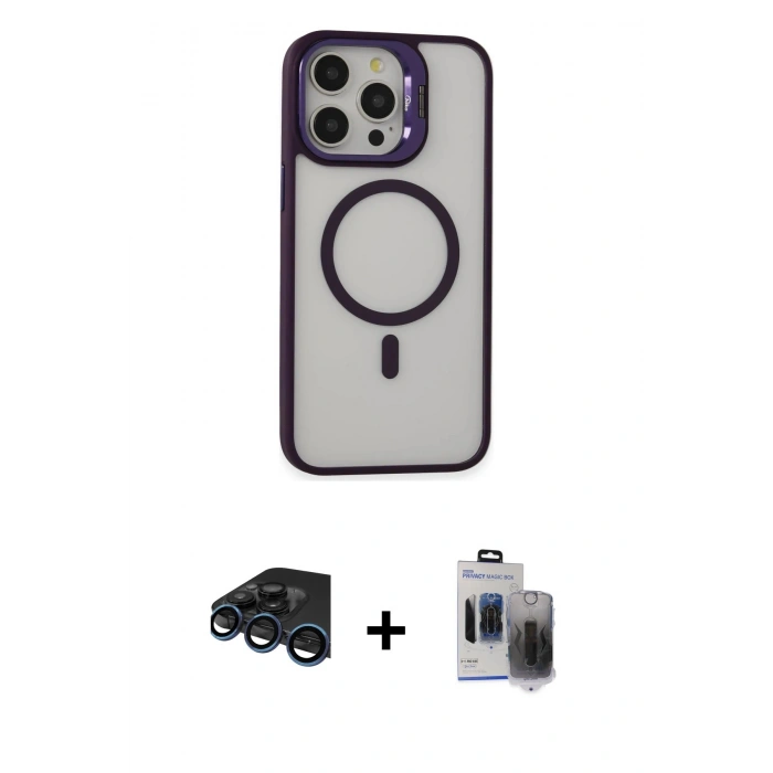 MARSİLYAN™- iPhone 15 Pro Max Kılıf Ahenk Klasik Özel Seri - Siyah Vanessa Magic Hayalet Cam + Raze Metal Kamera Lens - LT