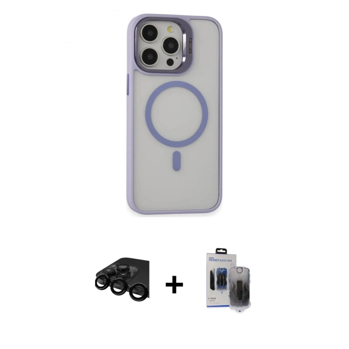MARSİLYAN™- iPhone 15 Pro Max Kılıf Ahenk Klasik Özel Seri - Siyah Vanessa Magic Hayalet Cam + Raze Metal Kamera Lens - SH