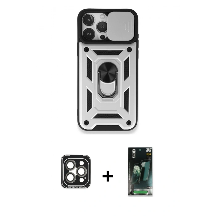 MARSİLYAN™- iPhone 15 Pro Max Kılıf Ahenk Klasik - Şeffaf 360 Full Body Arka Koruyucu + PVD Metal Kamera Lens - GI