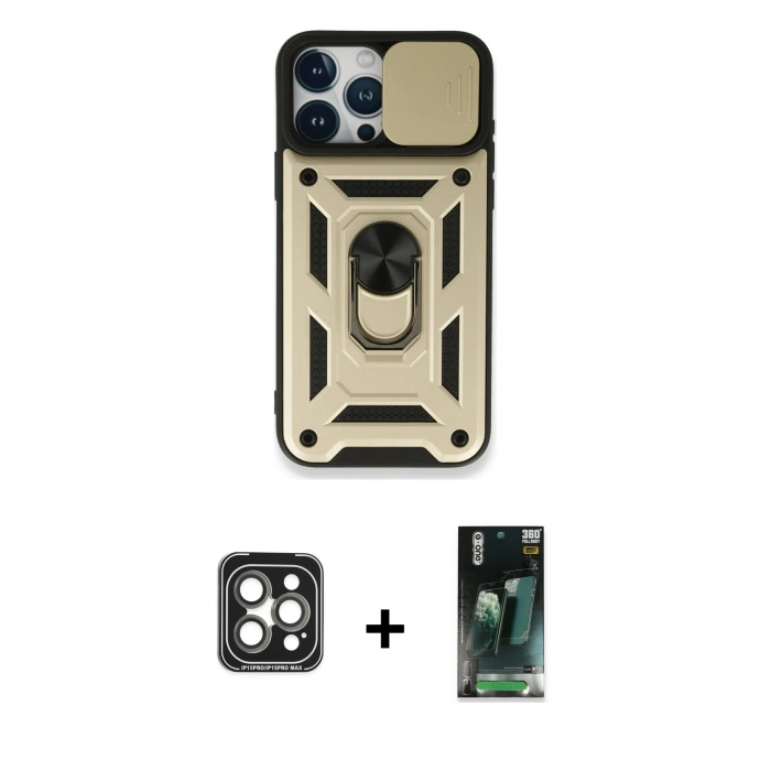 MARSİLYAN™- iPhone 15 Pro Max Kılıf Ahenk Klasik - Şeffaf 360 Full Body Arka Koruyucu + PVD Metal Kamera Lens - GI