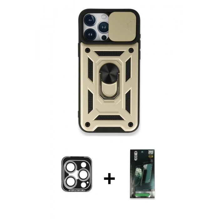 MARSİLYAN™- iPhone 15 Pro Max Kılıf Ahenk Klasik - Şeffaf 360 Full Body Arka Koruyucu + PVD Metal Kamera Lens - GS