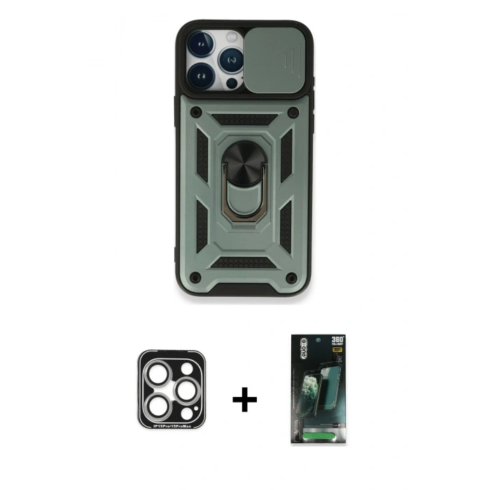 MARSİLYAN™- iPhone 15 Pro Max Kılıf Ahenk Klasik - Şeffaf 360 Full Body Arka Koruyucu + PVD Metal Kamera Lens - GS