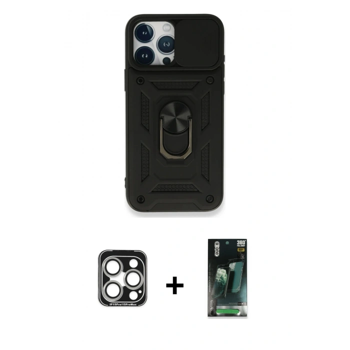 MARSİLYAN™- iPhone 15 Pro Max Kılıf Ahenk Klasik - Şeffaf 360 Full Body Arka Koruyucu + PVD Metal Kamera Lens - GS