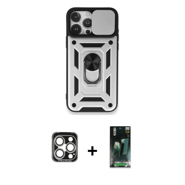 MARSİLYAN™- iPhone 15 Pro Max Kılıf Ahenk Klasik - Şeffaf 360 Full Body Arka Koruyucu + PVD Metal Kamera Lens - GS