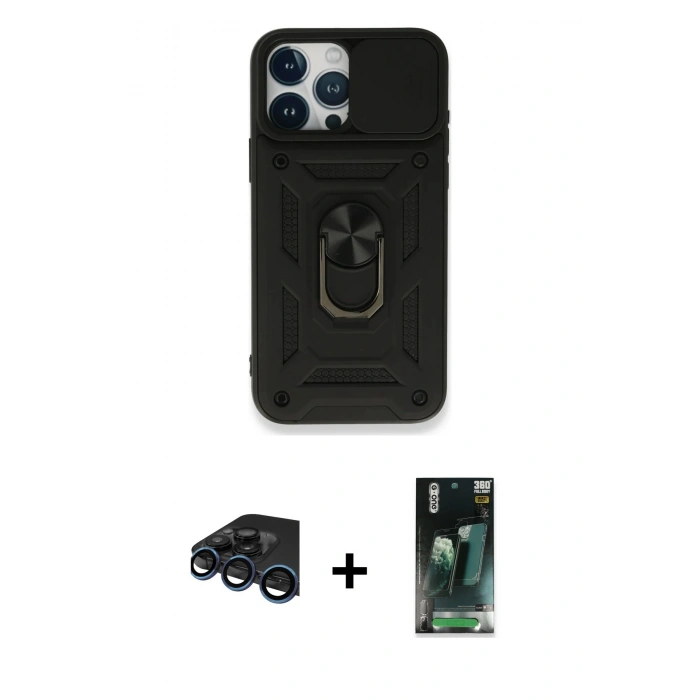 MARSİLYAN™- iPhone 15 Pro Max Kılıf Ahenk Klasik - Şeffaf 360 Full Body Arka Koruyucu + Raze Metal Kamera Lens - LT