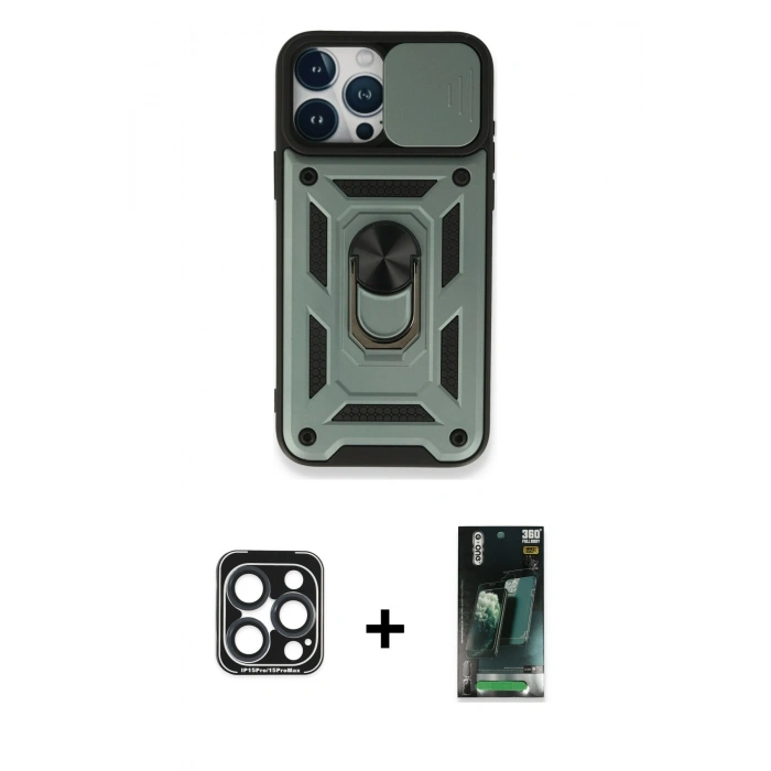 MARSİLYAN™- iPhone 15 Pro Max Kılıf Ahenk Klasik - Şeffaf 360 Full Body Arka Koruyucu + PVD Metal Kamera Lens - LT