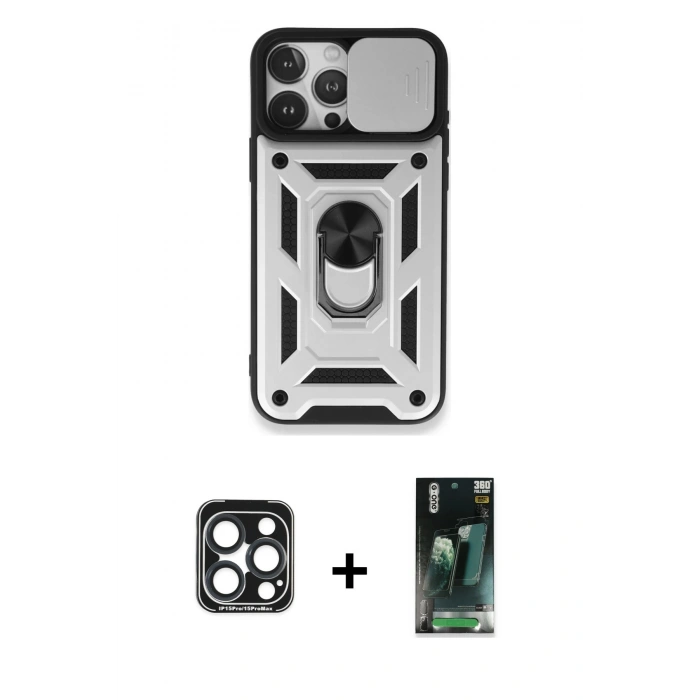 MARSİLYAN™- iPhone 15 Pro Max Kılıf Ahenk Klasik - Şeffaf 360 Full Body Arka Koruyucu + PVD Metal Kamera Lens - LT