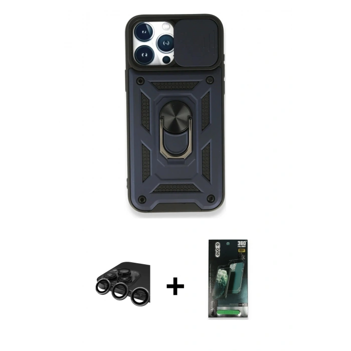 MARSİLYAN™- iPhone 15 Pro Max Kılıf Ahenk Klasik - Şeffaf 360 Full Body Arka Koruyucu + Raze Metal Kamera Lens - TMGI