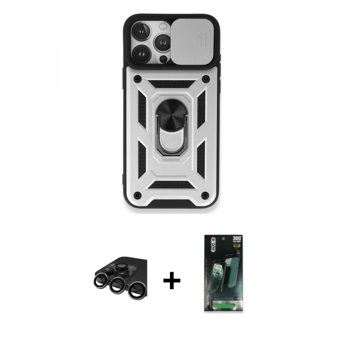 MARSİLYAN™- iPhone 15 Pro Max Kılıf Ahenk Klasik - Şeffaf 360 Full Body Arka Koruyucu + Raze Metal Kamera Lens - TMGI