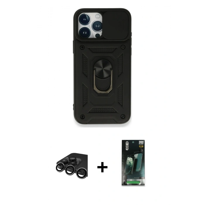 MARSİLYAN™- iPhone 15 Pro Max Kılıf Ahenk Klasik - Şeffaf 360 Full Body Arka Koruyucu + Raze Metal Kamera Lens - TMGI