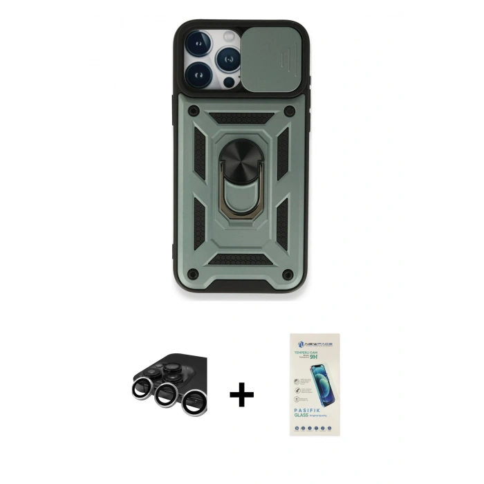 MARSİLYAN™- iPhone 15 Pro Max Kılıf Ahenk Klasik - Şeffaf Pasifik Cam Ekran Koruyucu + Raze Metal Kamera Lens - GS